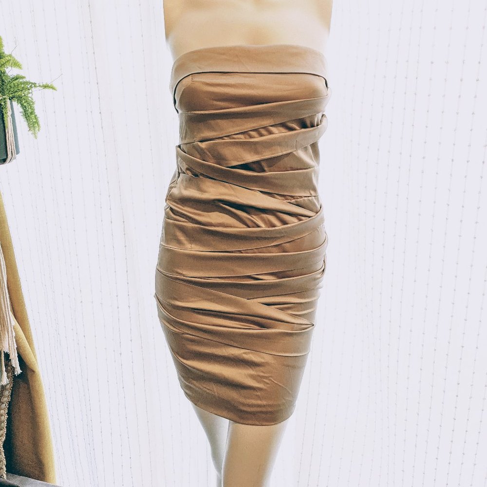 Champagne Pleated Silky Satin Strapless Dress NEW